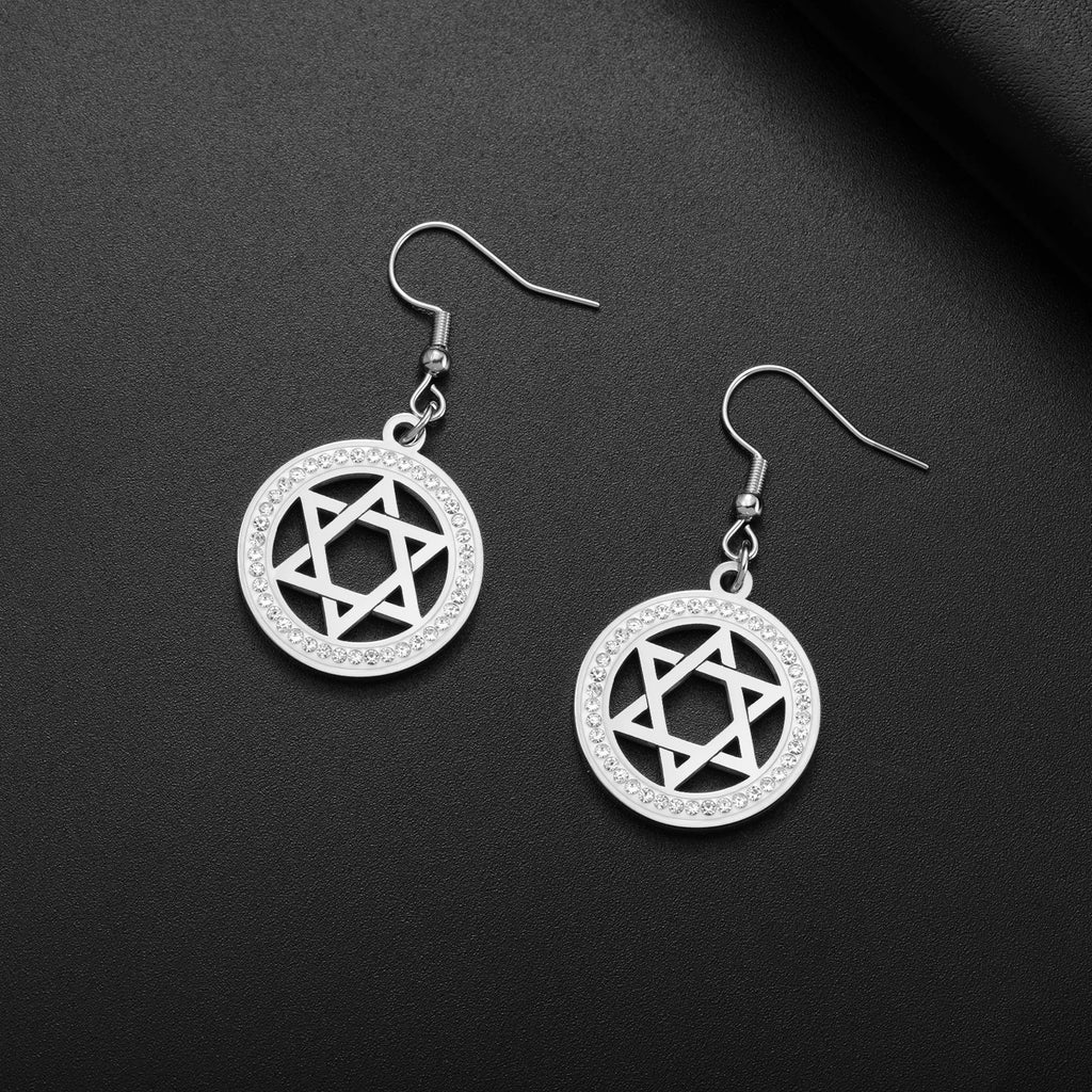 Dangling earrings with the Star of David and symbolic Jewish rhinestones, silver