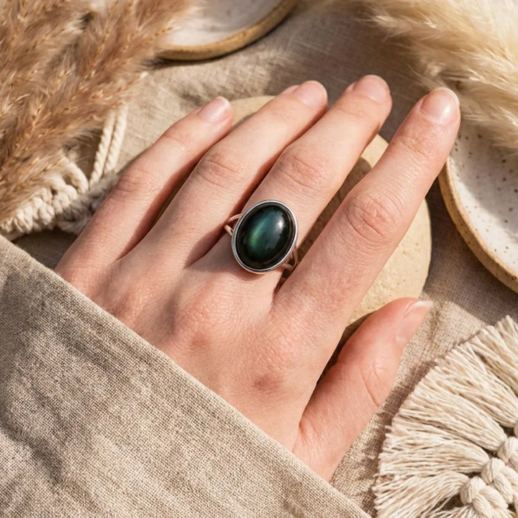 Adjustable ring "Soul Awakening" in celestial eye obsidian 