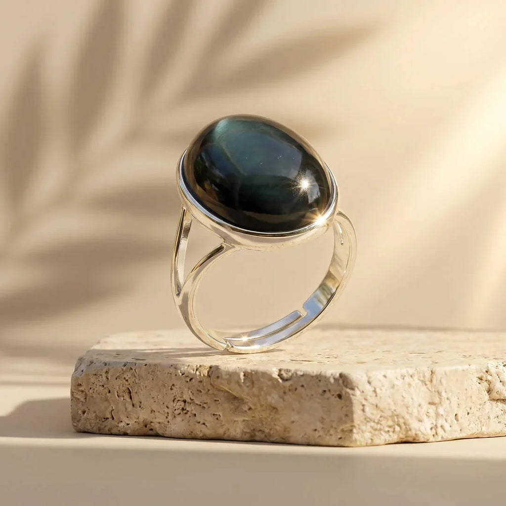 Adjustable ring "Soul Awakening" in celestial eye obsidian 