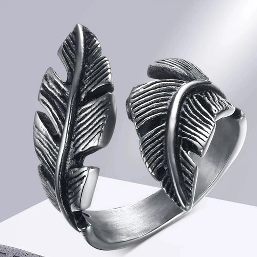 Adjustable silver-plated feather ring