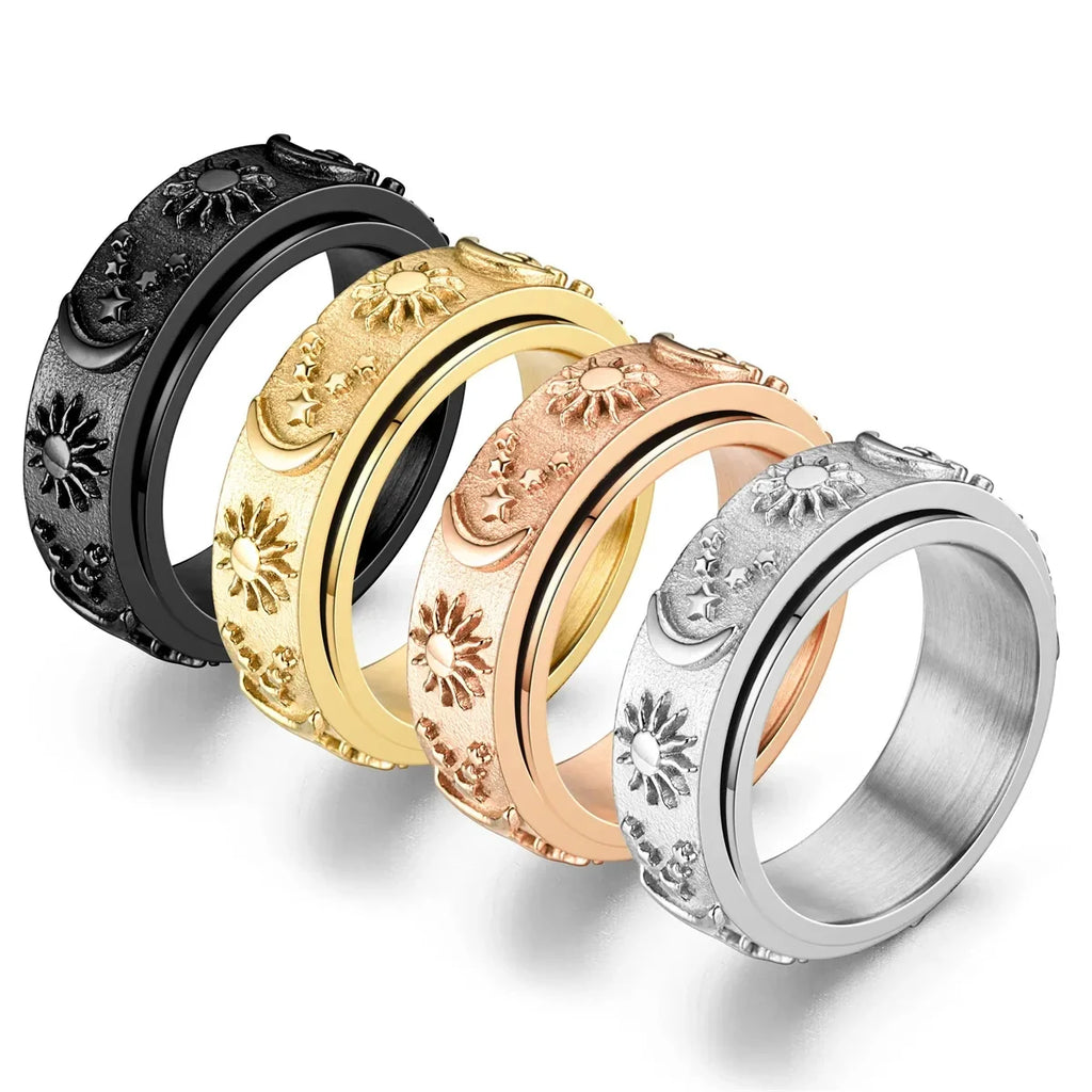 Rotating Moon and Sun Anti-Stress Band Ring, rose gold