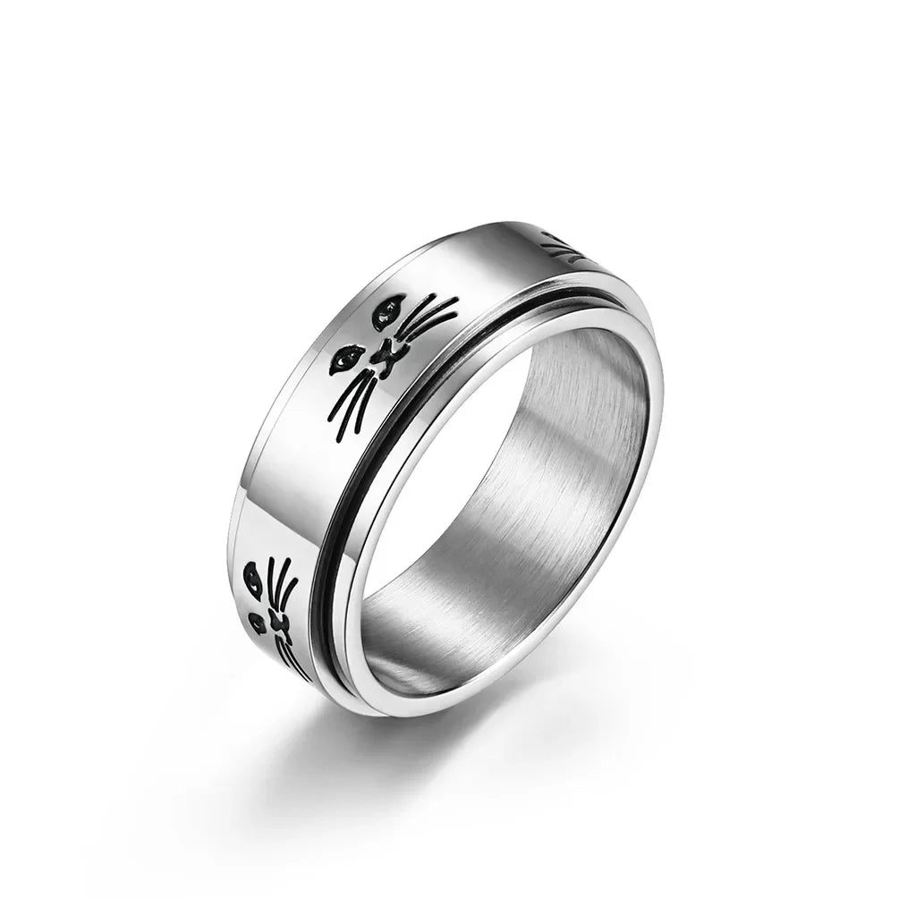 Rotating Anti-Stress Cats Band Ring in Silver