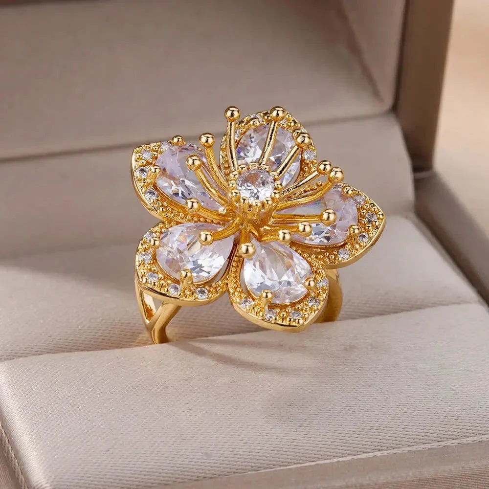 White Zircon 5-Petal Flower Band Ring