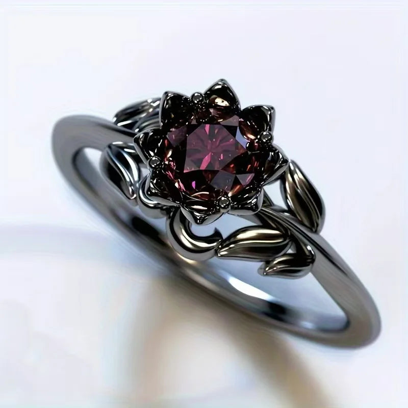 Black Flower Band Ring
