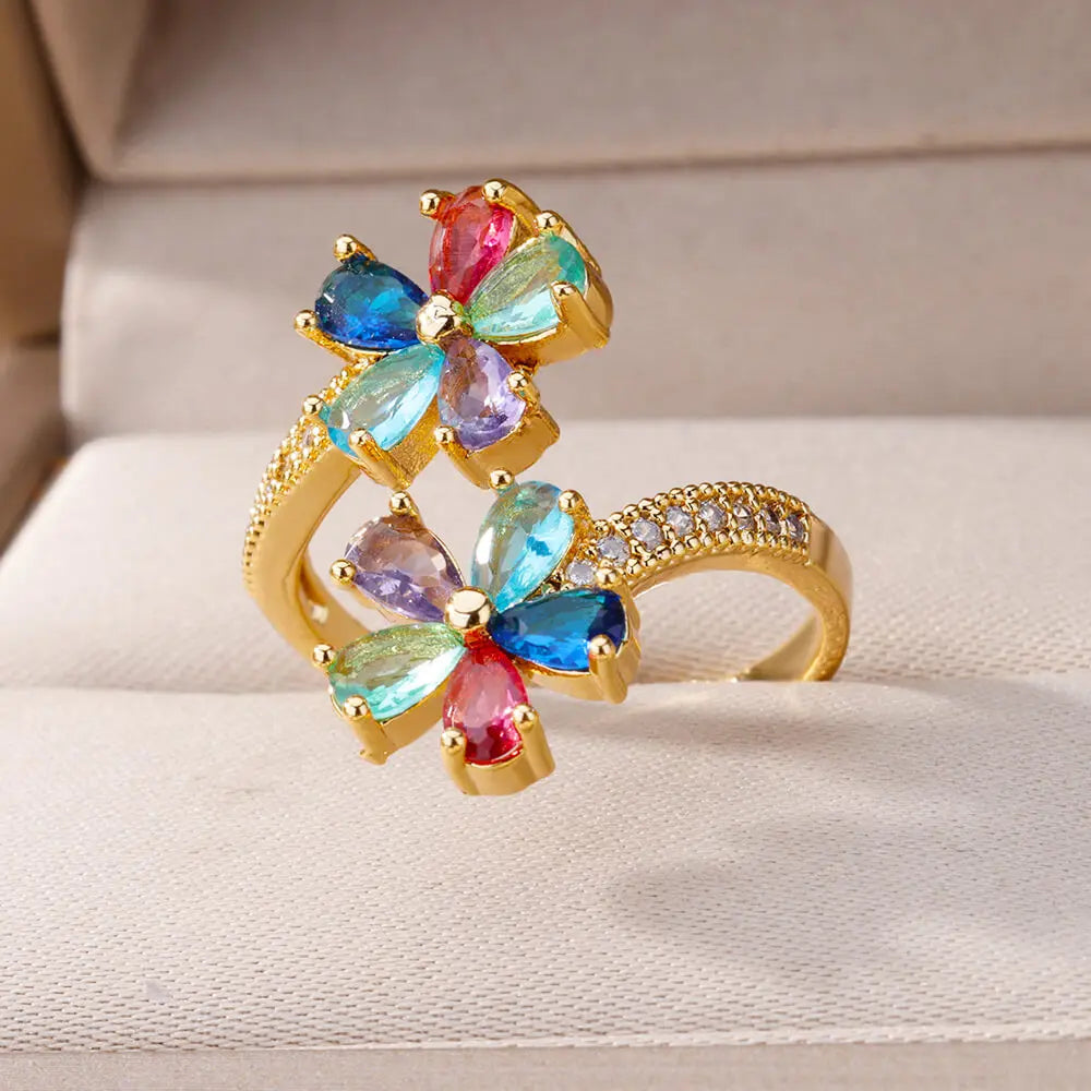 Colored Flower Zircon Band Ring gold