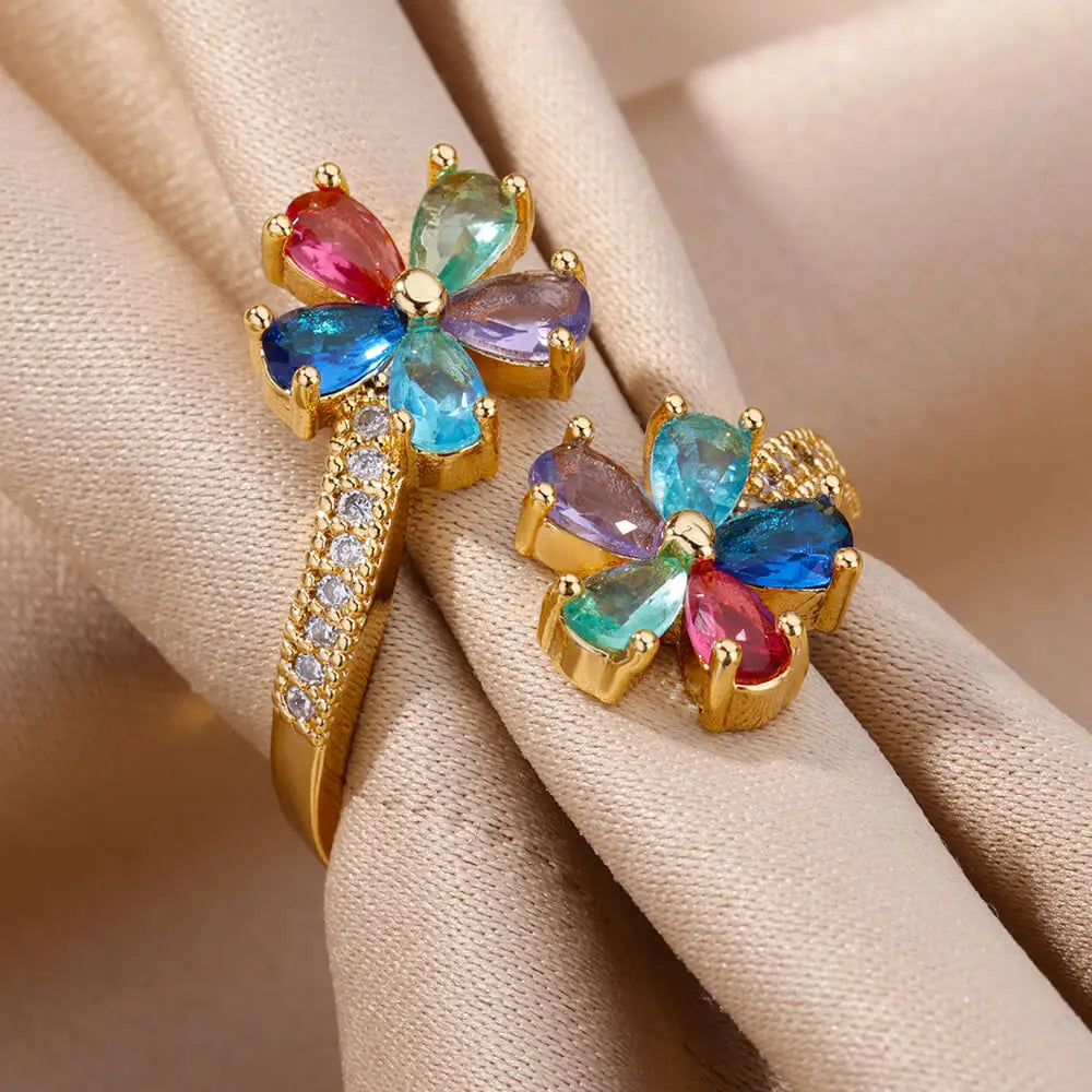 Colored Flower Zircon Band Ring gold
