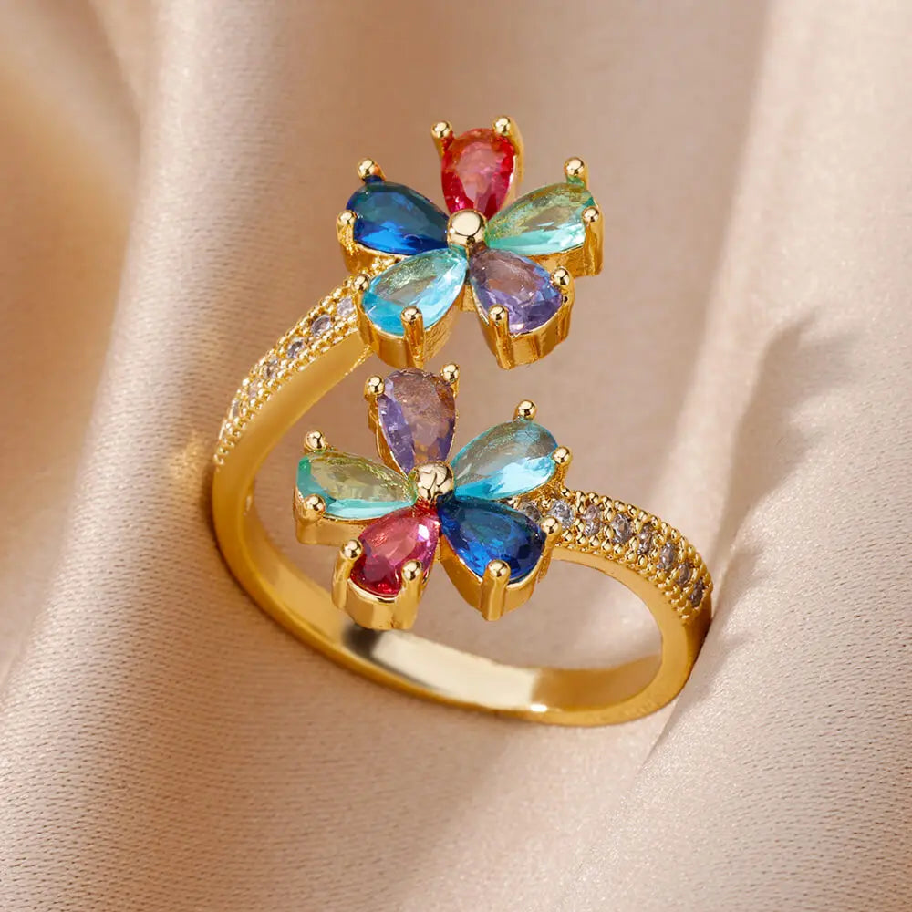 Colored Flower Zircon Band Ring gold