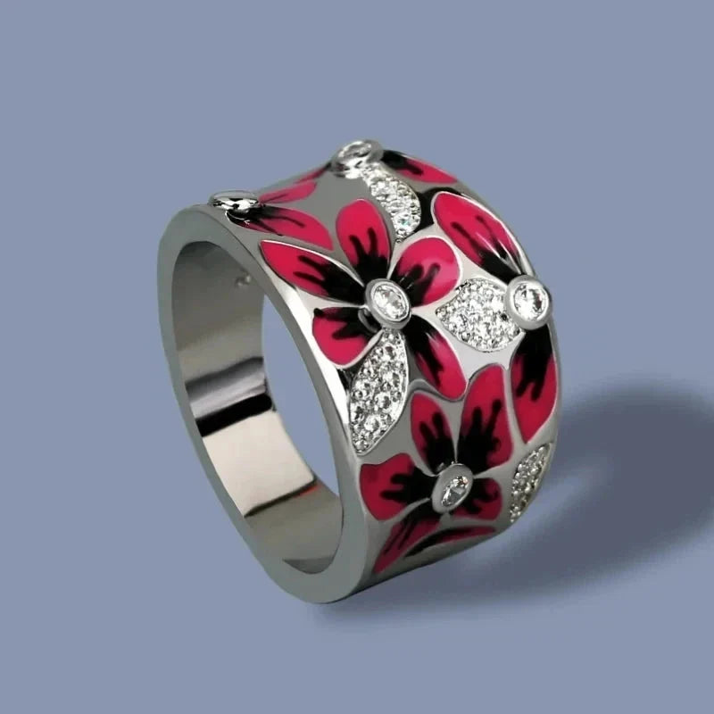 Red Flower Band Ring with Zircon