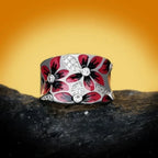 Red Flower Band Ring with Zircon