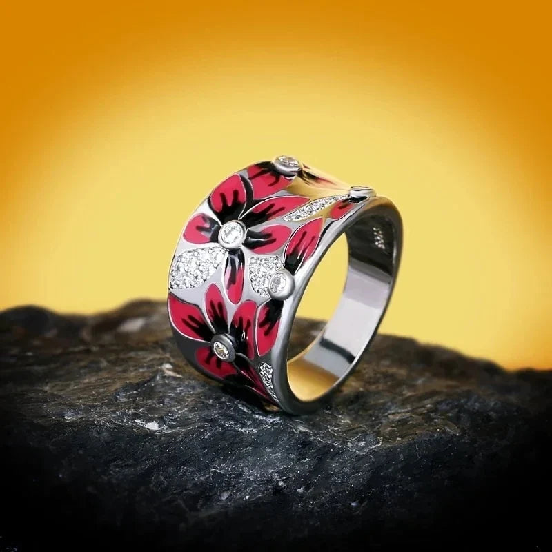 Red Flower Band Ring with Zircon