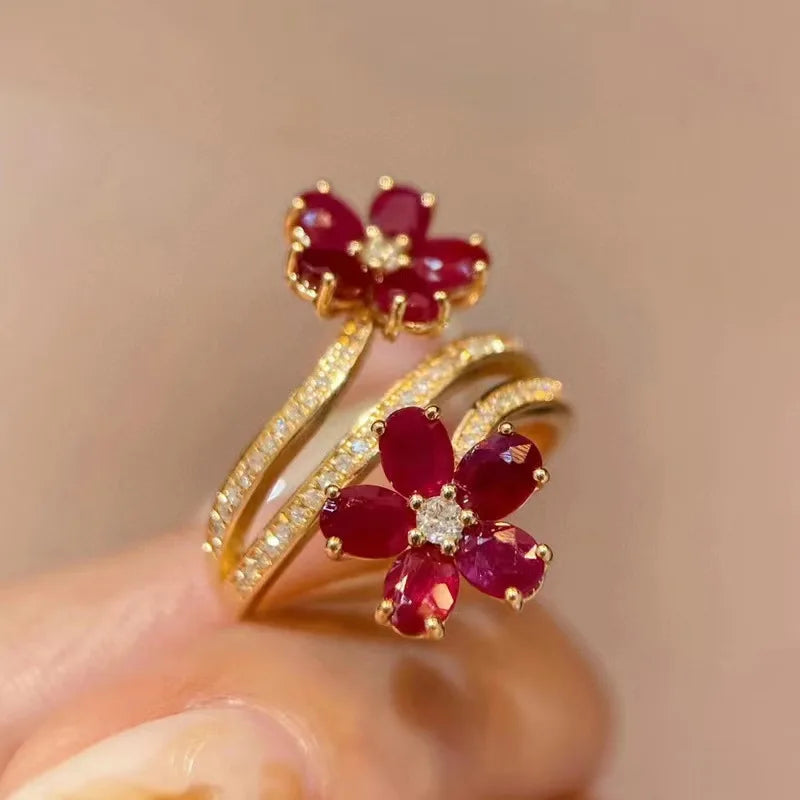 Red Flower and Zircon Band Ring