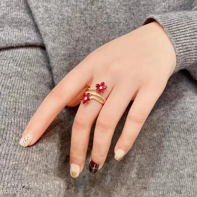 Red Flower and Zircon Band Ring
