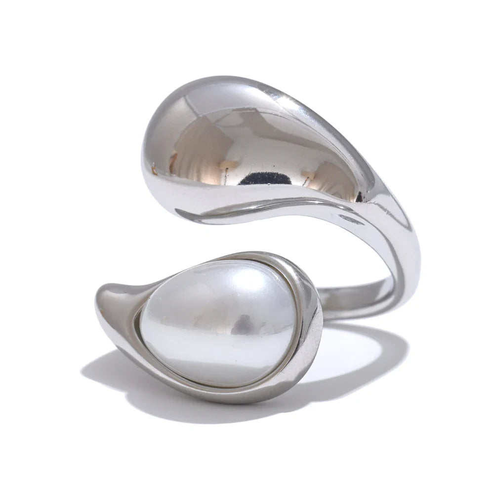 White Pearl Water Drop Band Ring silver