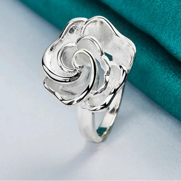 Silver-Plated Large Flower Band Ring