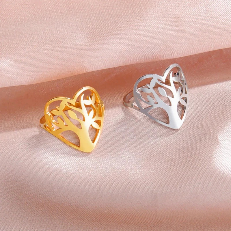 Women's Tree of Life Ring with Heart Band silver gold