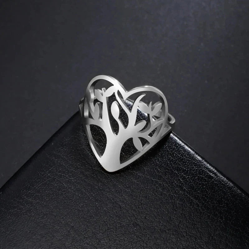 Women's Tree of Life Ring with Heart Band silver