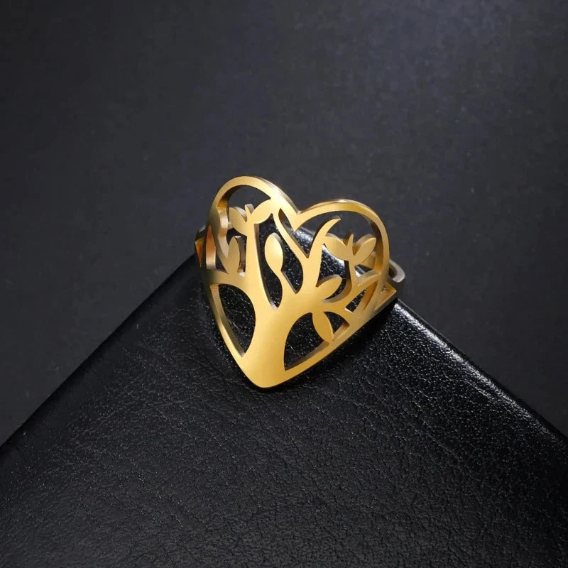 Women's Tree of Life Ring with Heart Band gold