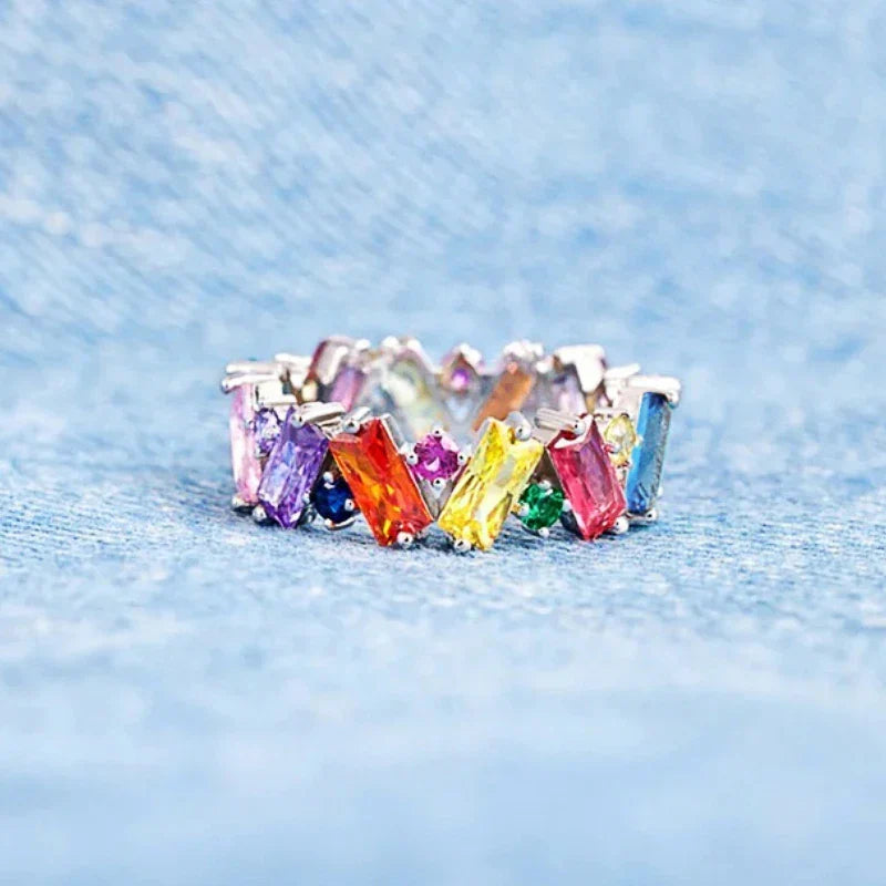 Geometric rainbow silver ring