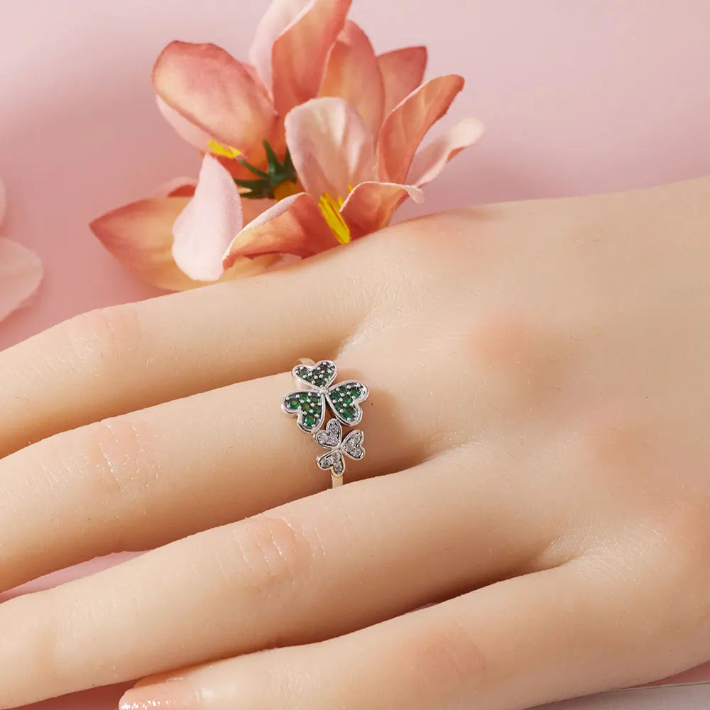 Ring with Green Zircon Hearts and Three-Leaf Clover