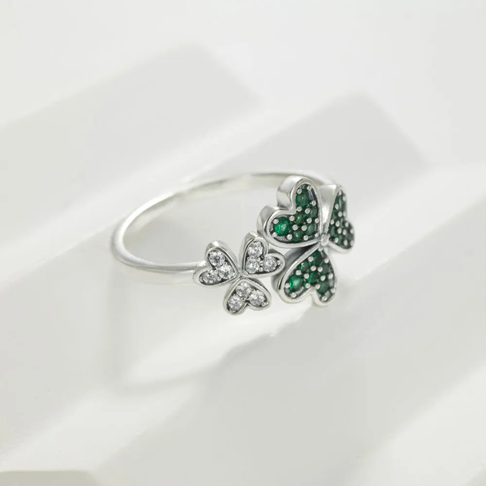 Ring with Green Zircon Hearts and Three-Leaf Clover
