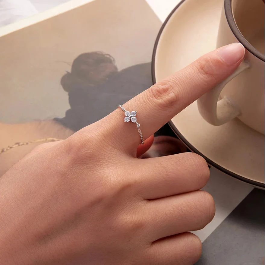 Four-Leaf Clover Ring with Zircon