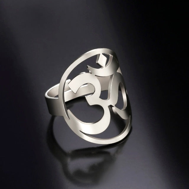 Tibetan Om Buddhist Ring Signet Band for Men and Women in Silver