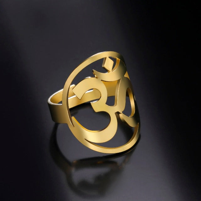 Tibetan Om Buddhist Ring Signet Band for Men and Women in Gold