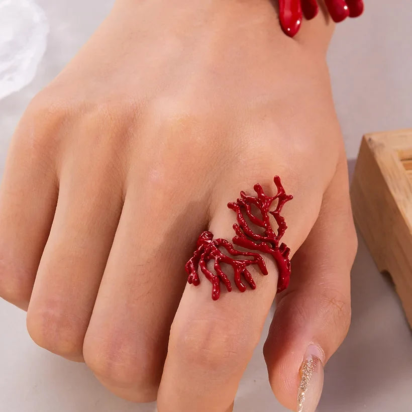 Red coral branch ring
