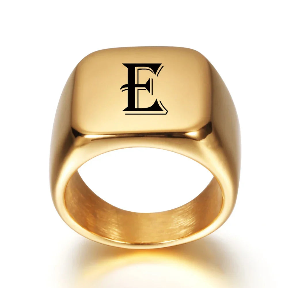 Wide men's ring personalized with initial e