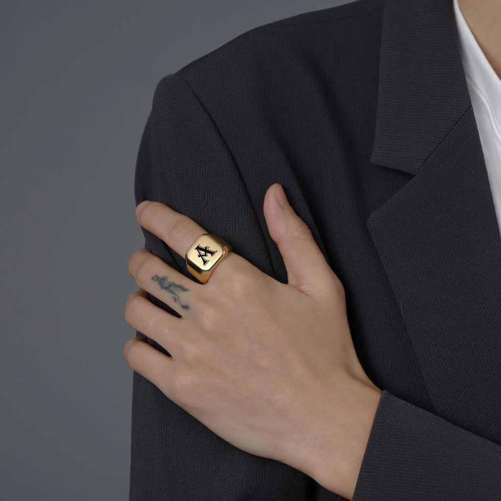 Wide men's ring personalized with initial a