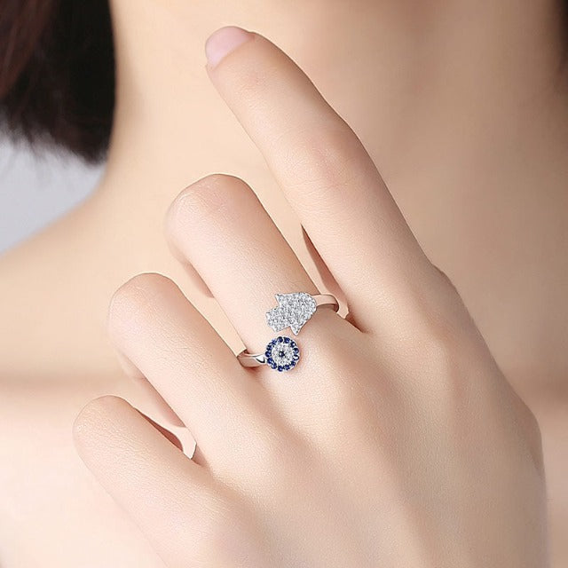Greek Turkish Blue Evil Eye Matiasma Mataki Ring in Silver