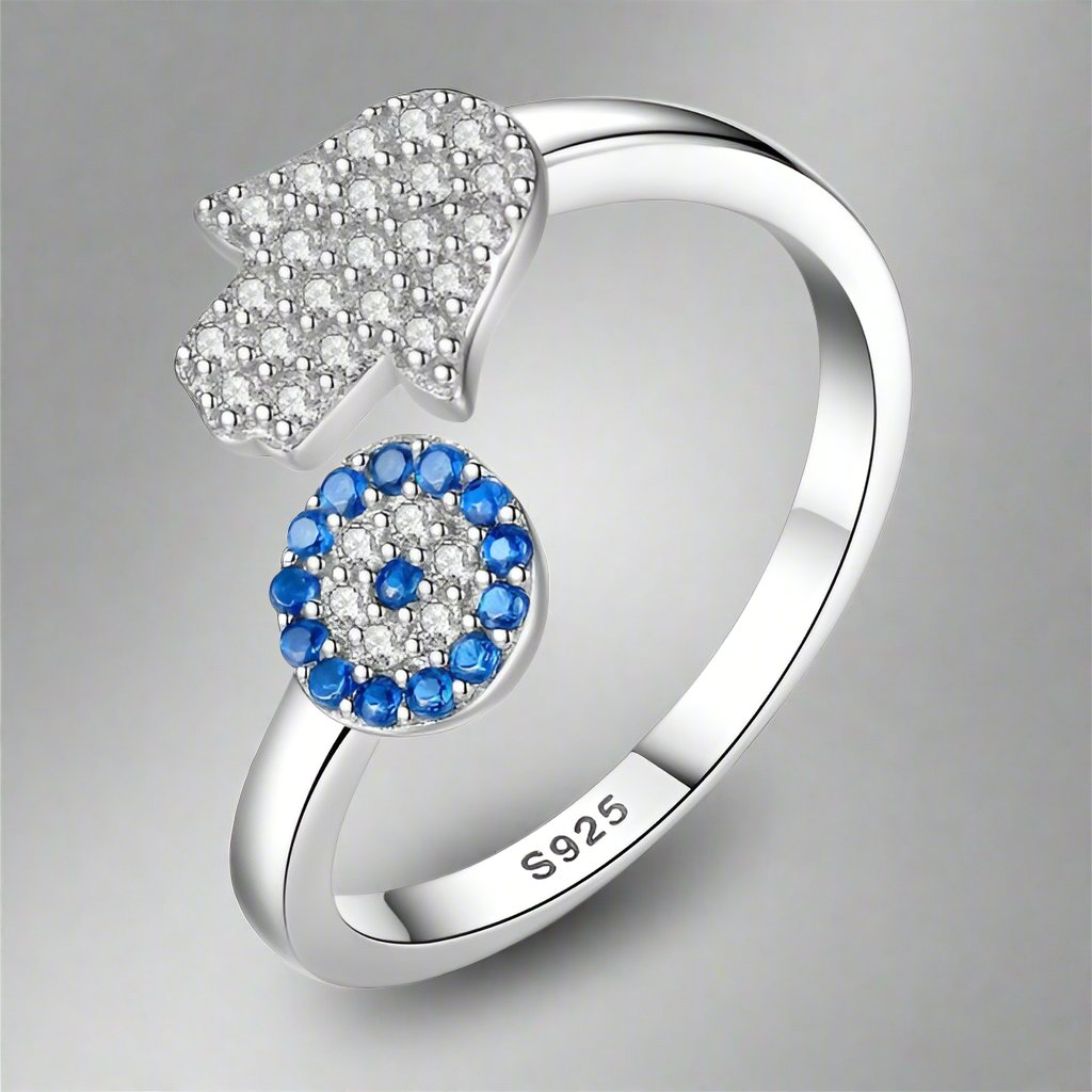 Greek Turkish Blue Evil Eye Matiasma Mataki Ring in Silver