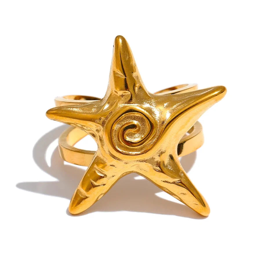 Gold-tone seashell and starfish ring for women