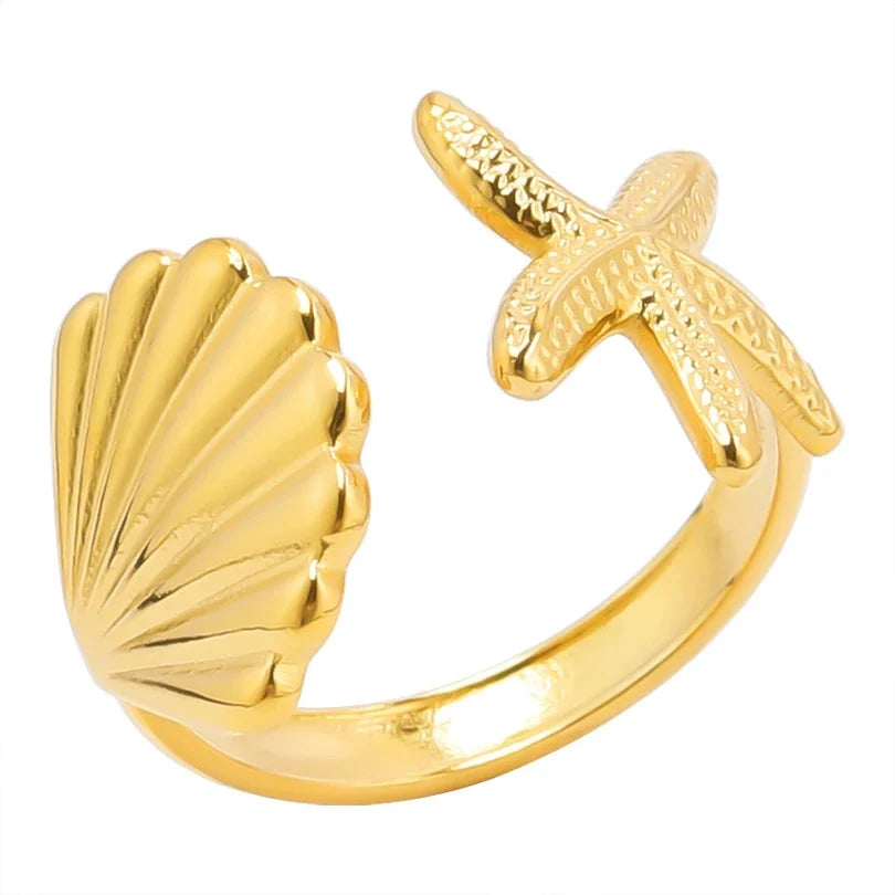 Starfish and Scallop Shell Ring in Gold