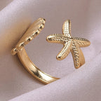 Starfish and Scallop Shell Ring in Gold