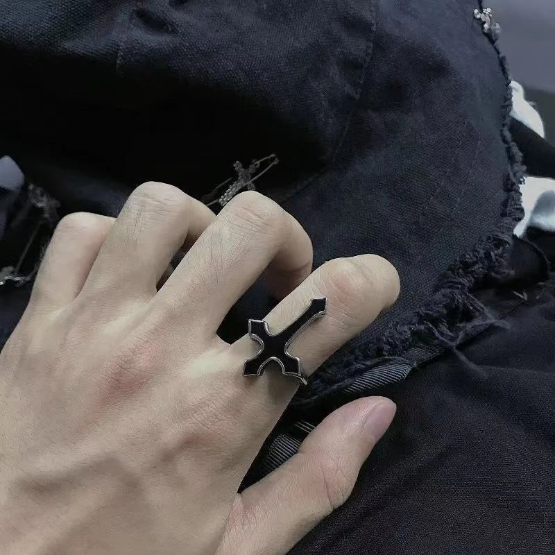 Black Silver Men's Cross Ring