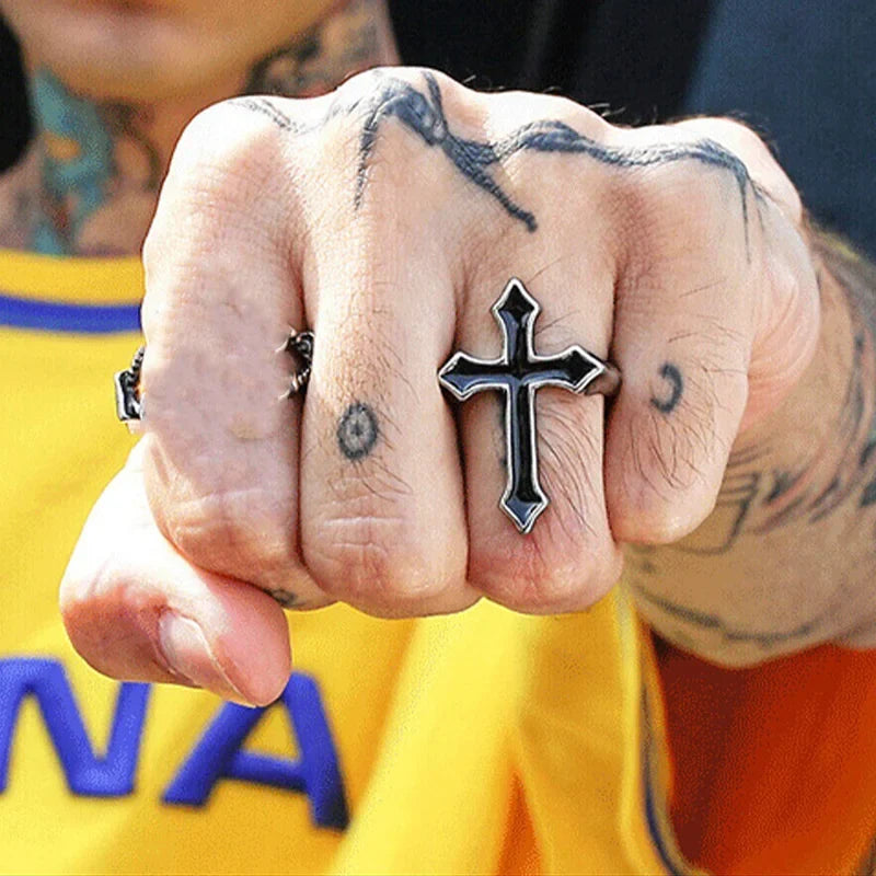 Black Silver Men's Cross Ring
