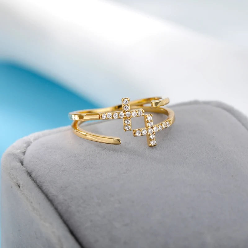 Christian Zircon Cross Ring for Women, gold and silver