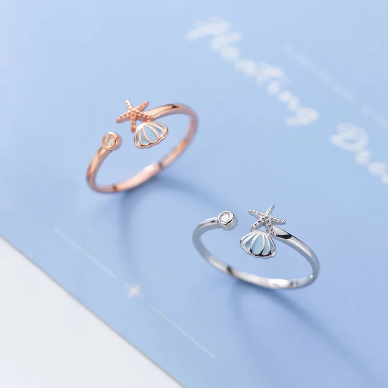 Starfish, Scallop Shell, and Zircon Ring in Rose Gold