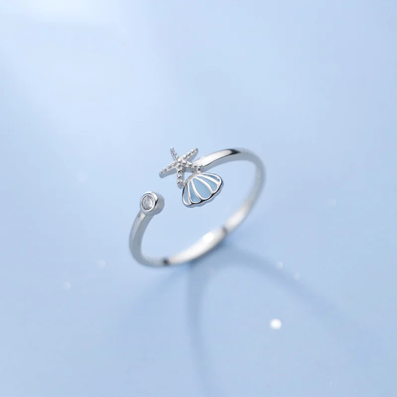 Starfish, Scallop Shell, and Zircon Ring in Silver