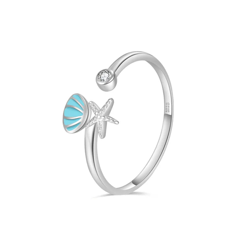 Starfish, Scallop Shell, and Zircon Ring in Silver