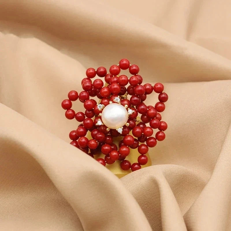 Coral Flower Ring with Pearls
