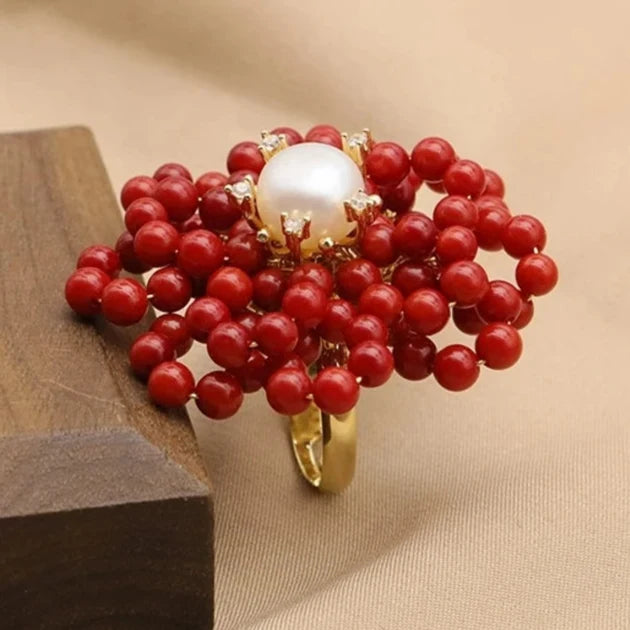 Coral Flower Ring with Pearls