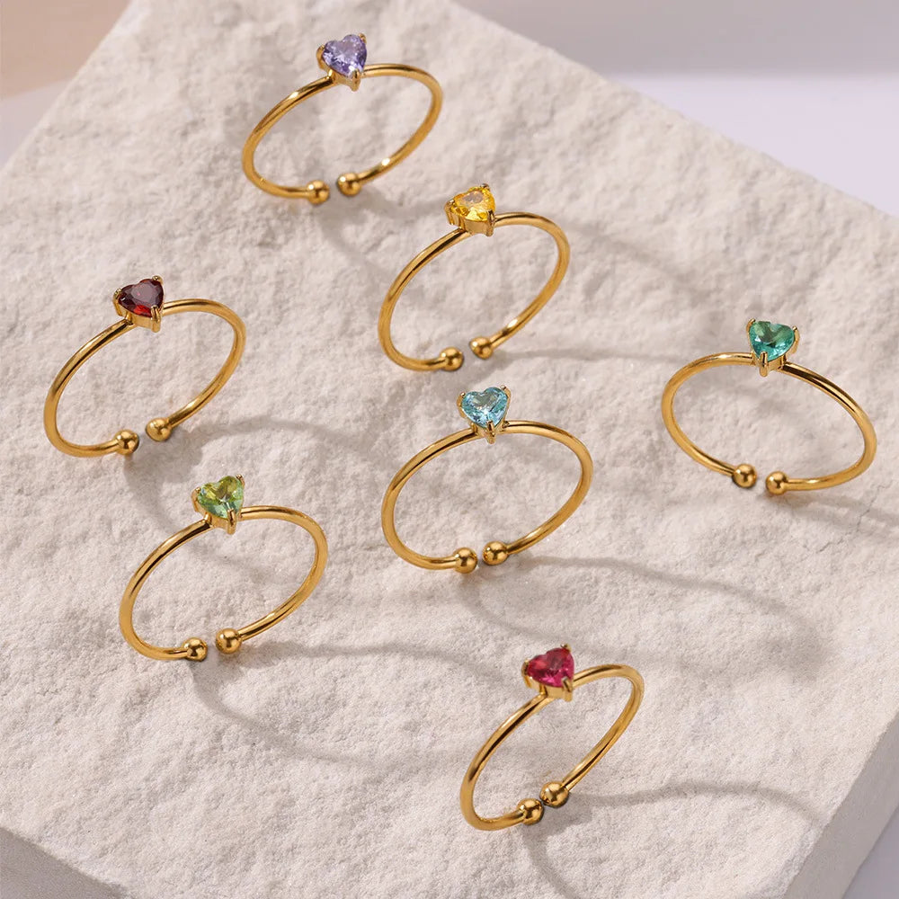Slim gold-plated ring with heart-shaped birthstone 