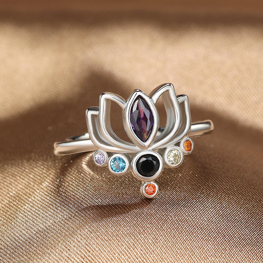 Lotus Flower 7 Chakras Ring for Women silver