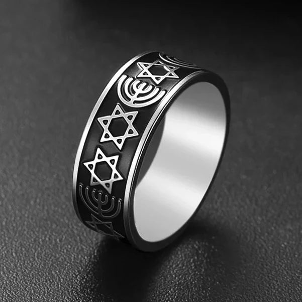 Wide Menorah and Star of David ring, Jewish symbols