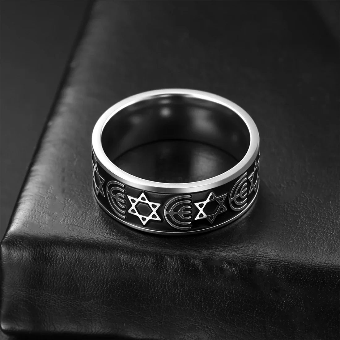 Wide Menorah and Star of David ring, Jewish symbols