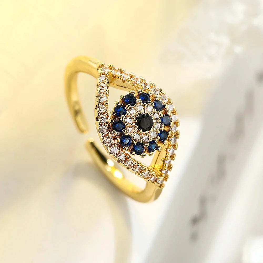 Blue Turkish Evil Eye Zircon Gold-Plated Ring