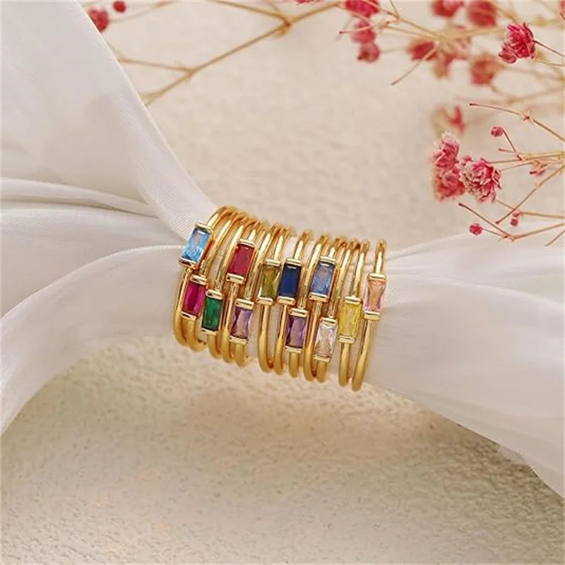 Minimalist ring with rectangular birthstone for women