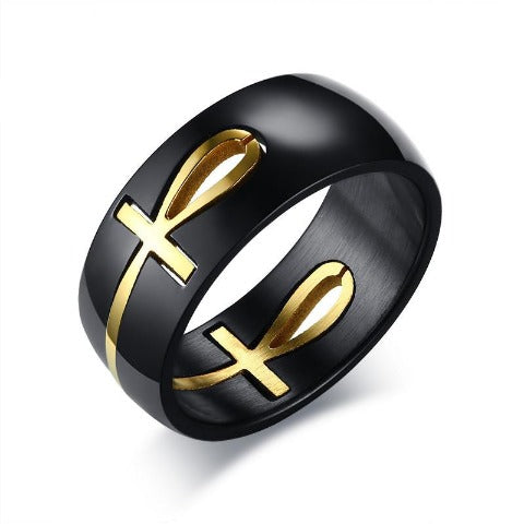 Black and Gold Egyptian Cross Motif Ring